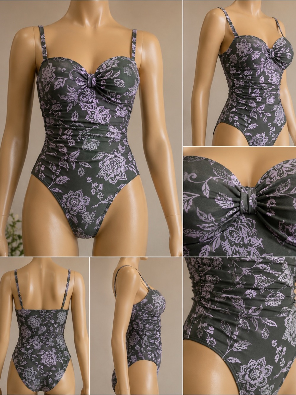 Cupshe Lavender Floral One-Piece Swimsuit - Dark Gray